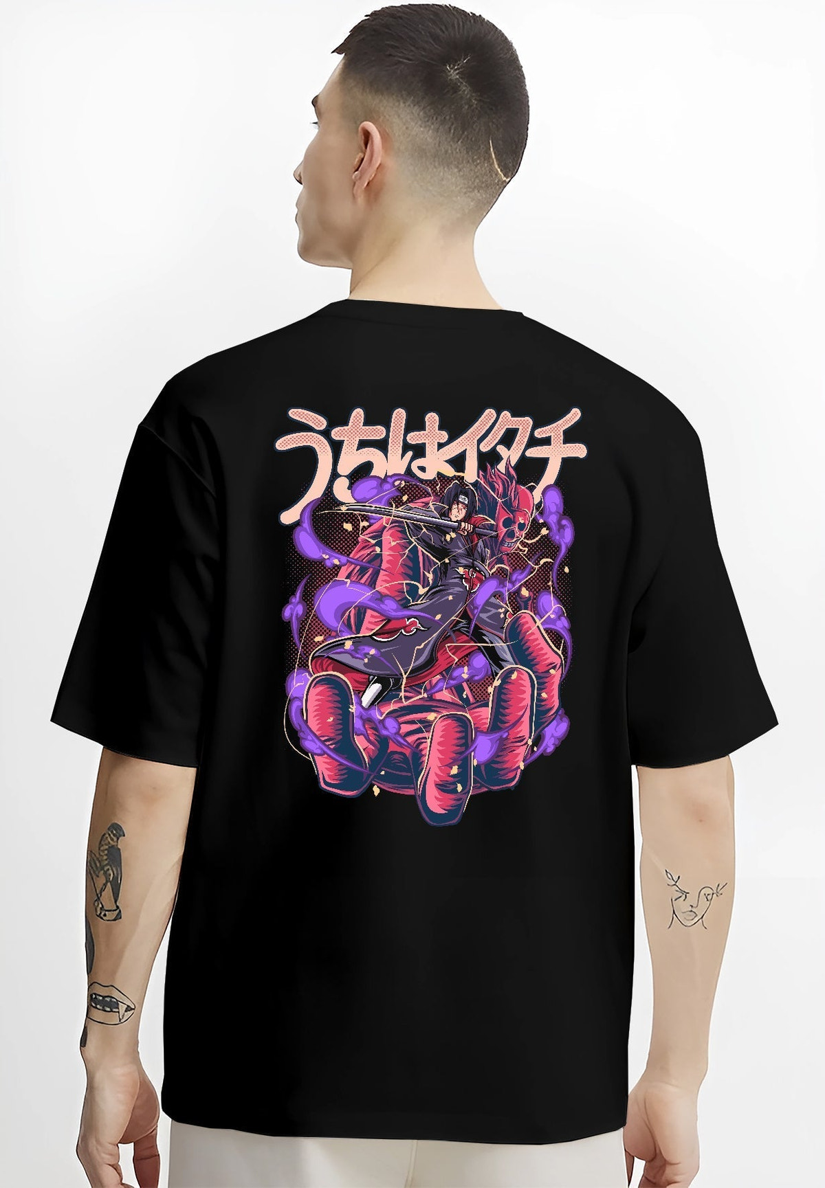 Black T-shirt on male model, back view, Itachi Uchiha anime poster design framed by purple Susanoo energy and dotted backdrop.