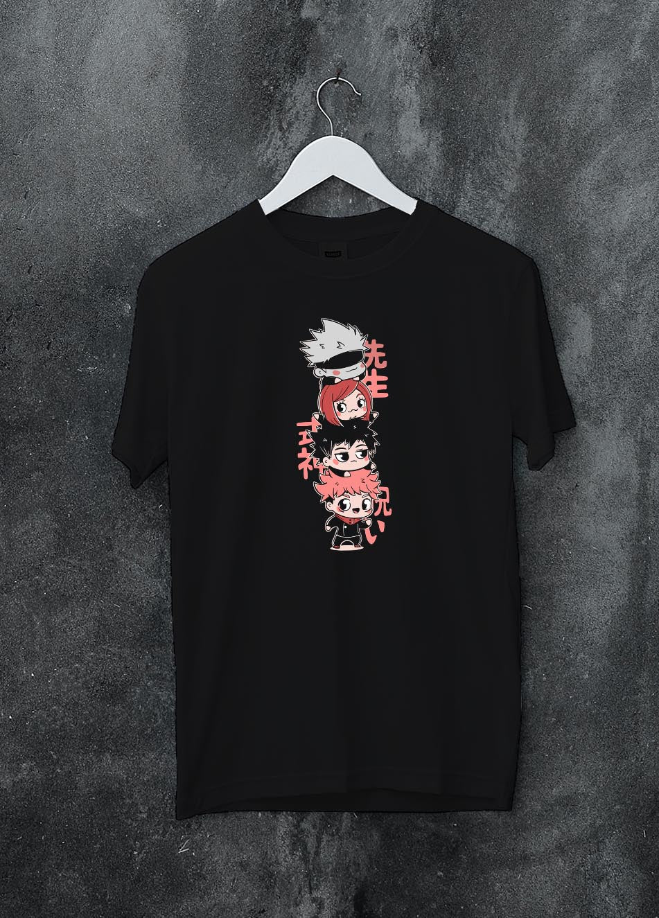 Black hoodie on female model, back view, featuring Jujutsu Kaisen chibi lineup, nostalgic 90s graphic with playful pink Japanese text.
