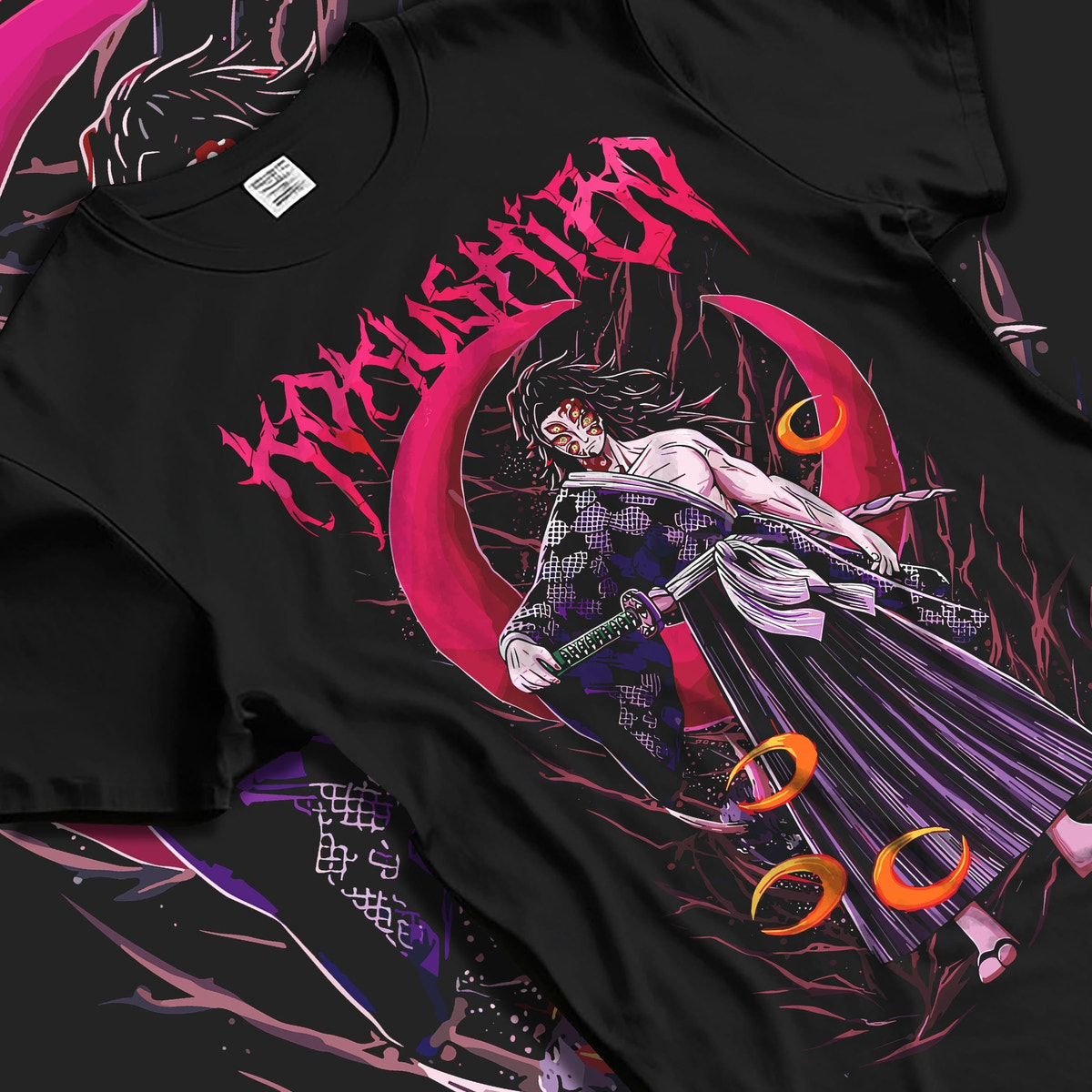 Black T-shirt laid flat with natural fabric folds, featuring Kokushibo Demon Slayer shonen battle character artwork with eerie crimson moon in vintage retro aesthetic.