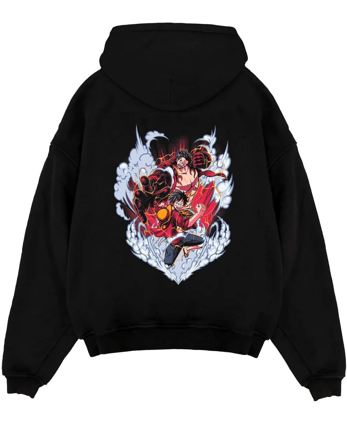 Black pullover hoodie laid flat on white, featuring One Piece Luffy Gear form battle graphic with smoke clouds, red lightning, retro manga style.