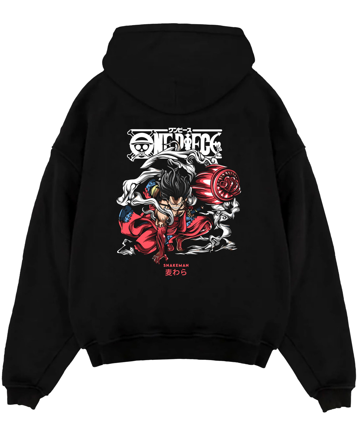 Black pullover hoodie laid flat on white, featuring Luffy Snakeman anime poster back graphic with smoky aura and bold red tones.