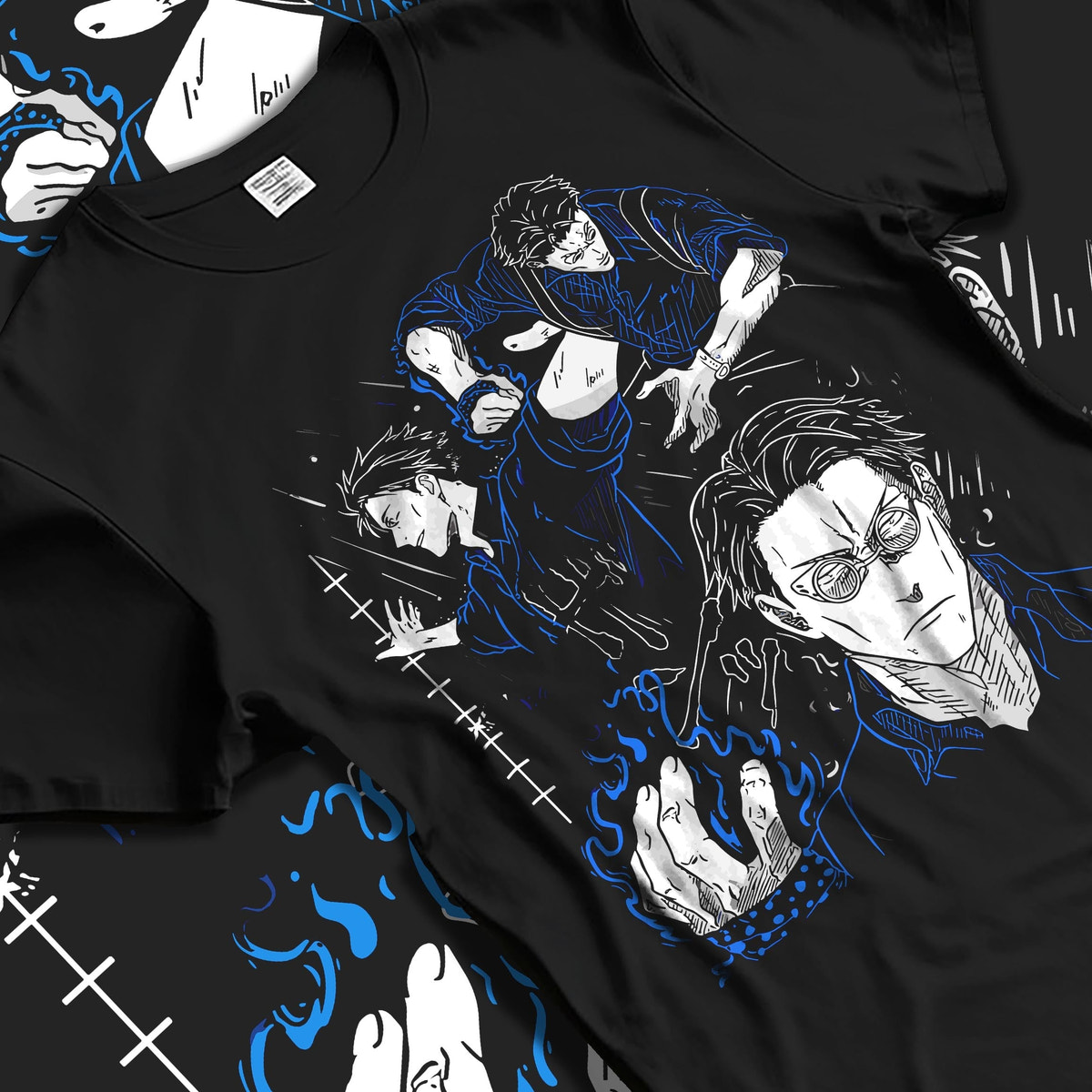 Black T-shirt laid flat with natural fabric folds, featuring Kento Nanami anime poster inspired back design with detailed retro manga style blue-toned artwork.