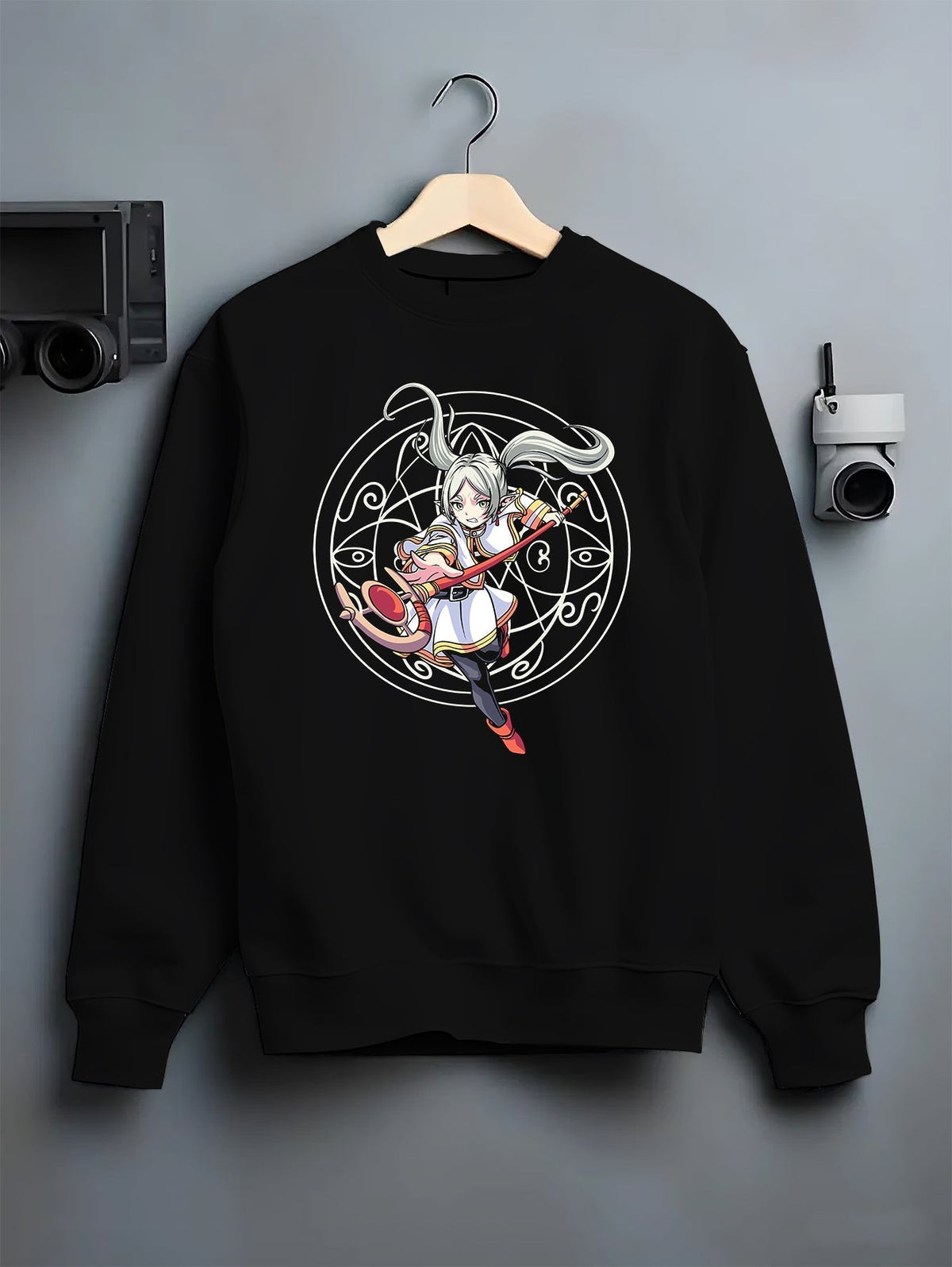 Black crewneck sweatshirt on hanger against grey wall, featuring Noelle Silva Black Clover magic circle back graphic.