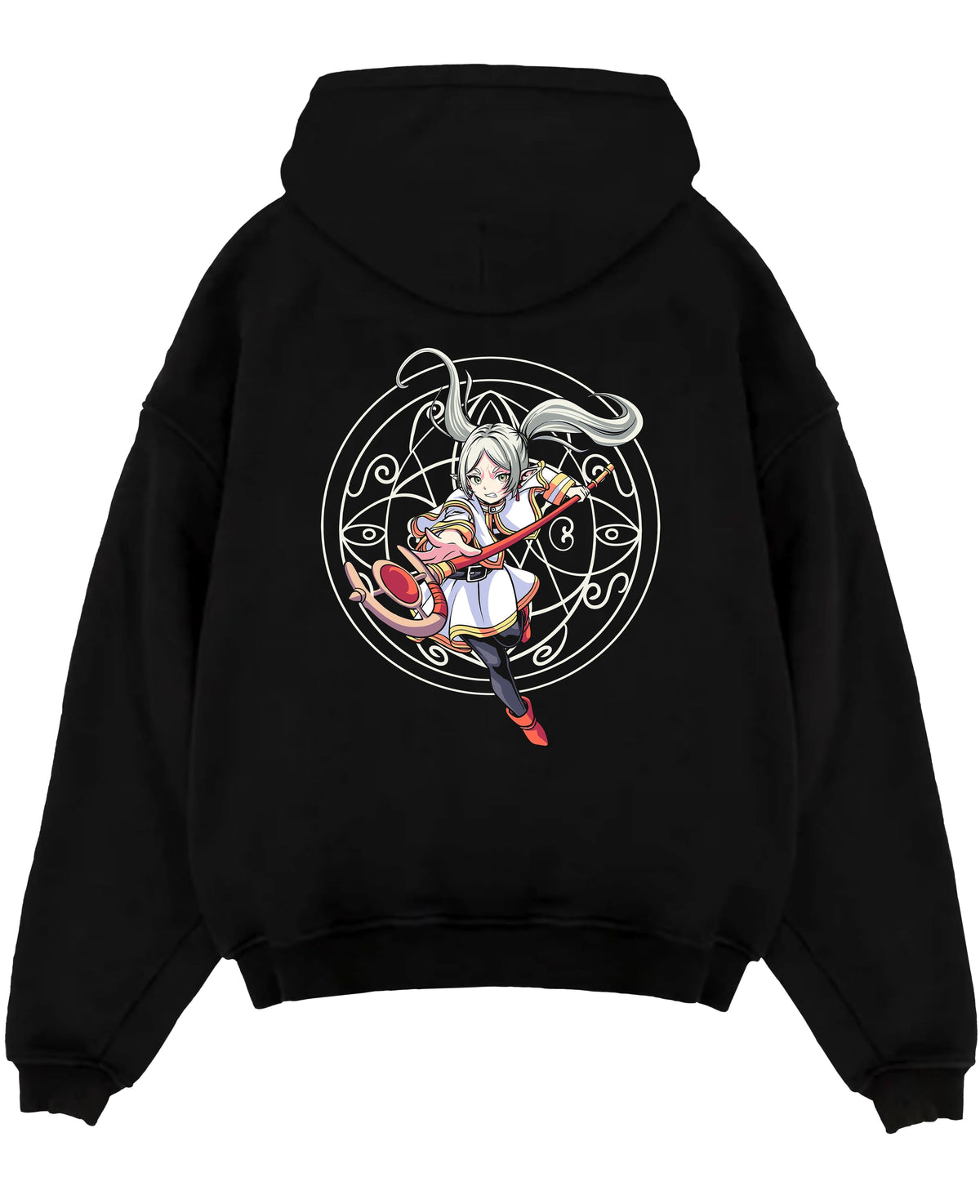 Black pullover hoodie laid flat on white, featuring Noelle Silva Black Clover retro manga magic-circle graphic with staff pose.
