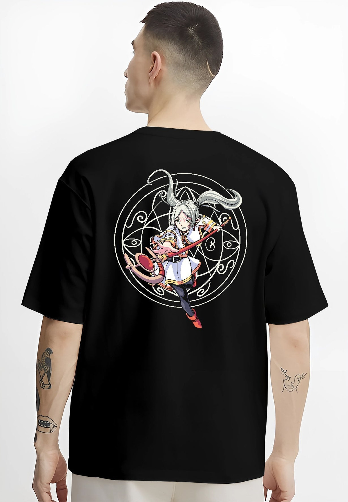 Black T-shirt on male model, back view, Noelle Silva Black Clover anime graphic with staff pose and white magic circle.