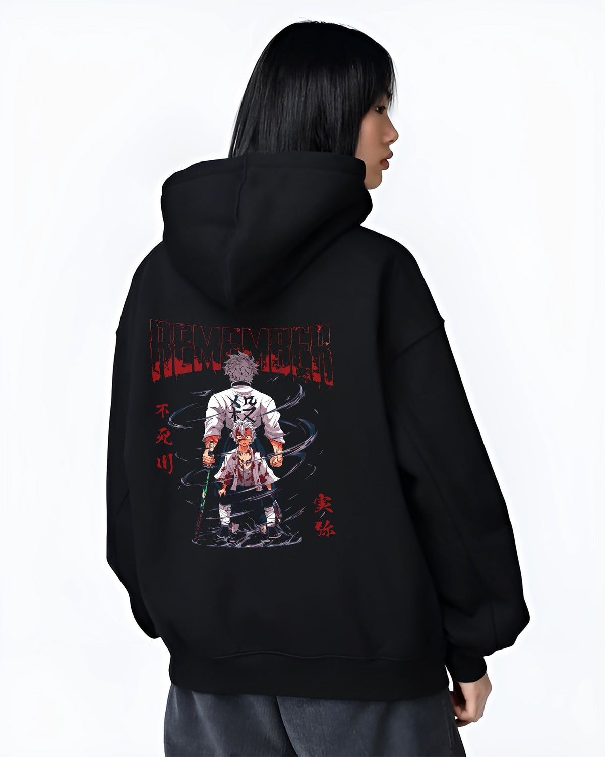 Black hoodie worn by a female model, back view, featuring Sanemi Demon Slayer anime poster inspired artwork with emotional battle detail in urban fashion back graphic.