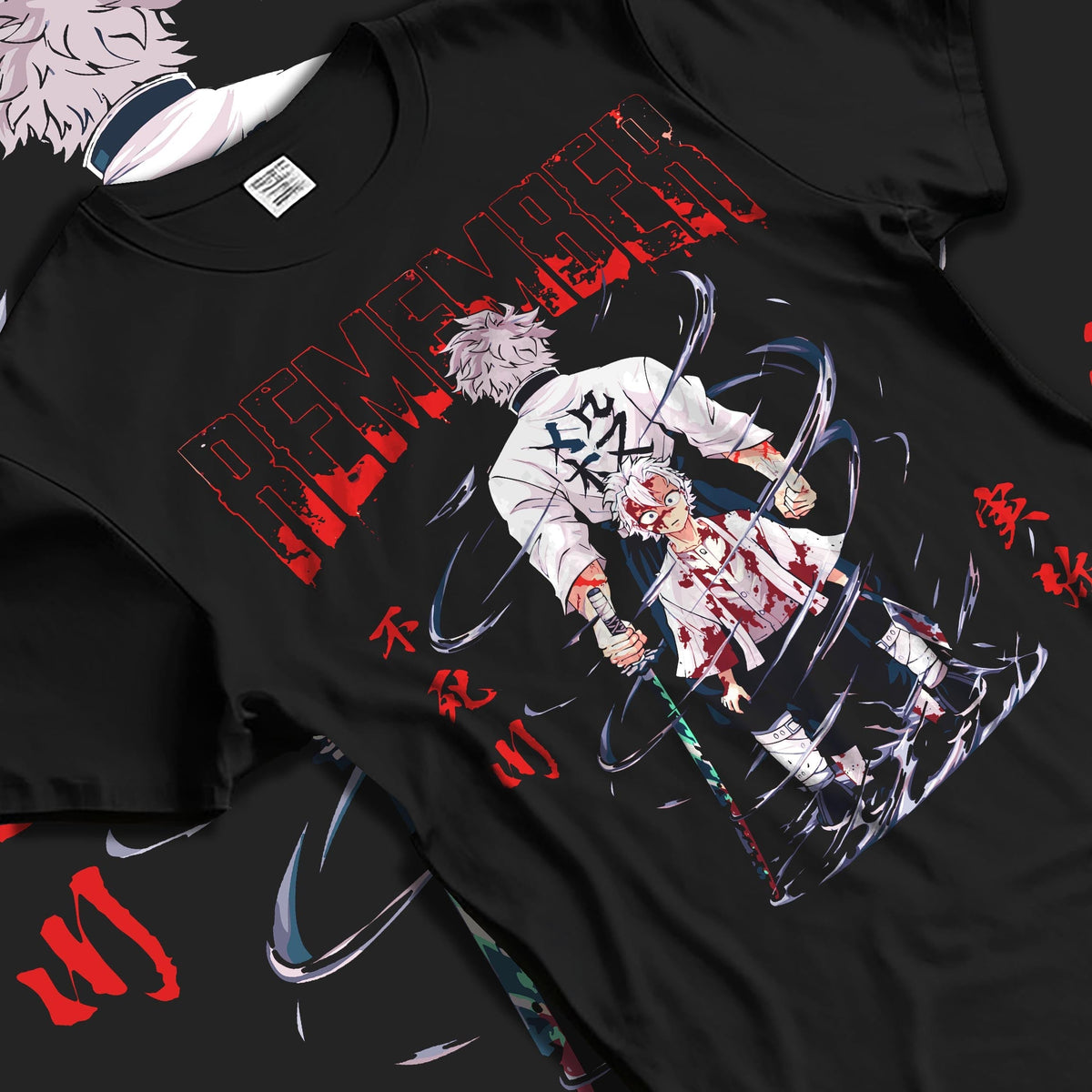 Black T-shirt laid flat with natural fabric folds, featuring Sanemi Demon Slayer retro manga inspired battle artwork with eerie Japanese animation and apocalyptic tones.