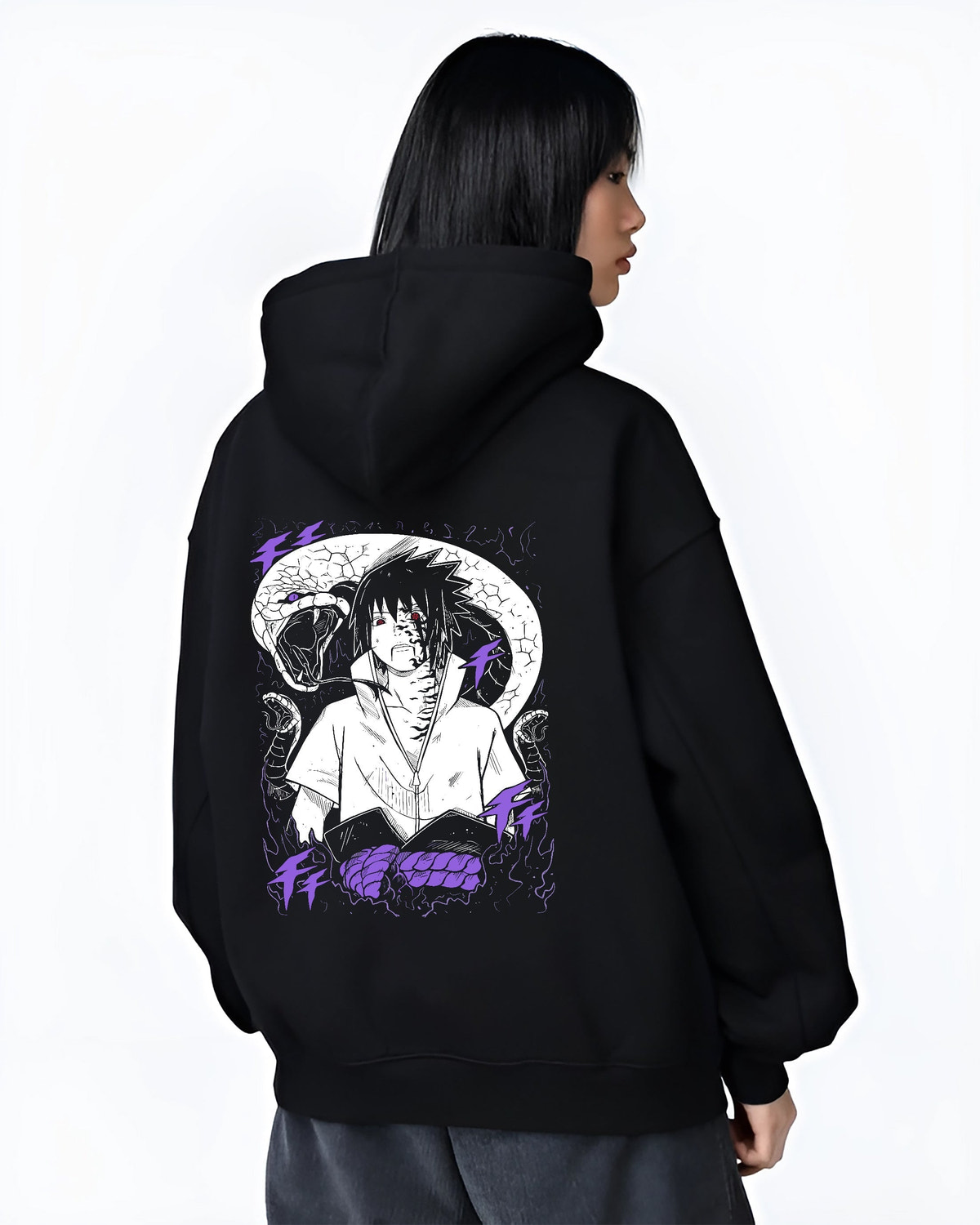 Black hoodie worn by a female model, back view, featuring Sasuke Naruto anime poster inspired design with purple aura and urban fashion back artwork.
