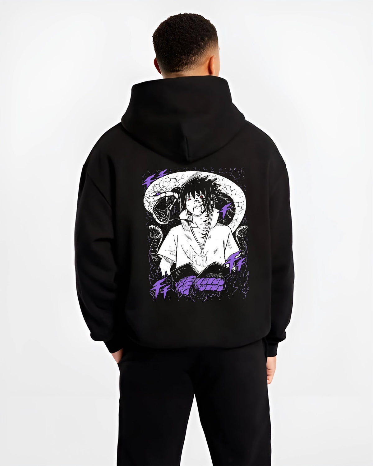 Black hoodie worn by a male model, back view, featuring Sasuke Naruto retro manga panel artwork with serpent detail and Japanese animation streetwear aesthetic.