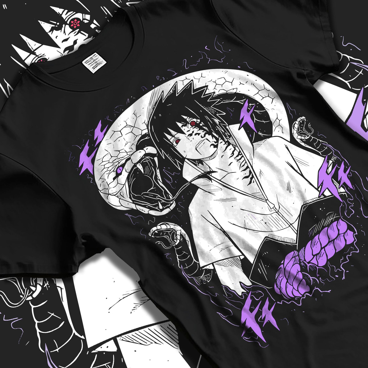Black T-shirt laid flat with natural fabric folds, featuring Sasuke Naruto anime poster inspired design with purple tones and retro manga streetwear graphic.