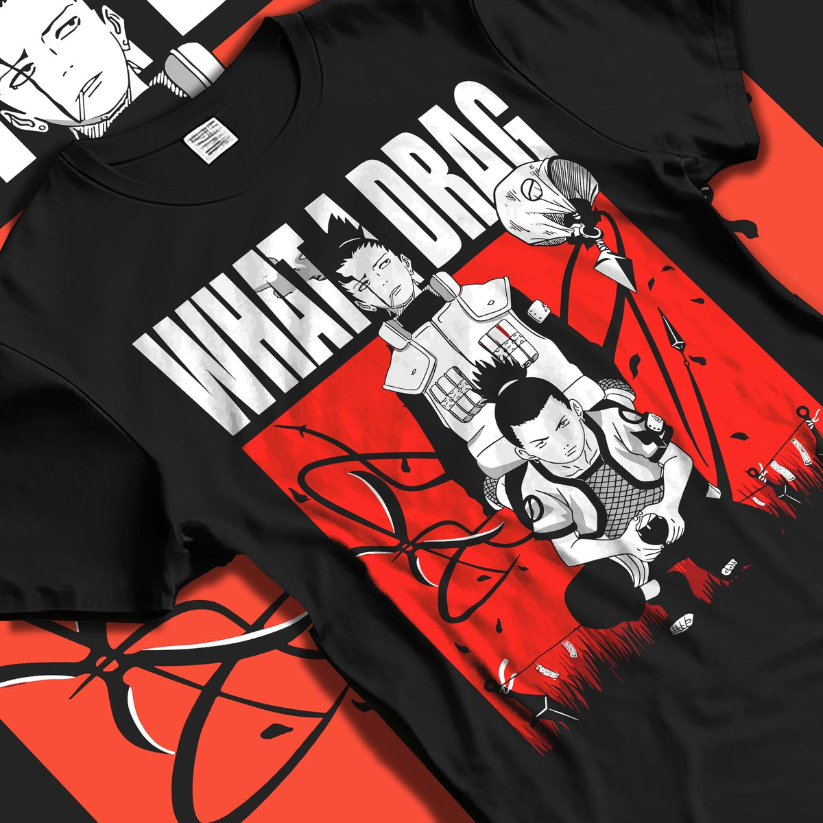 Black T-shirt laid flat with soft folds, featuring Shikamaru Naruto retro manga back graphic and bold red panel, “what a drag.”