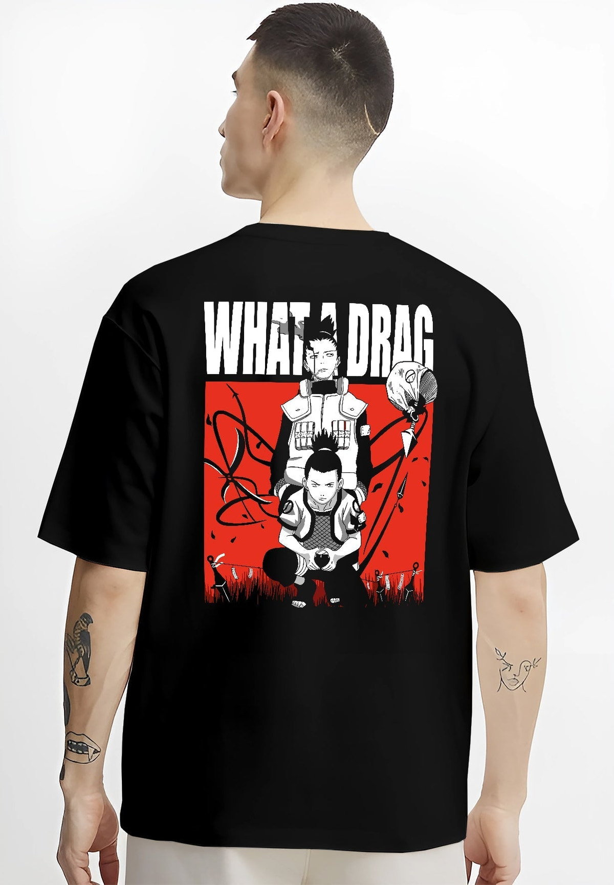 Black T-shirt on male model, back view, featuring Shikamaru Naruto anime poster graphic over red panel with “what a drag” caption.