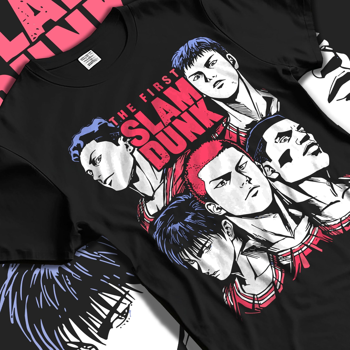 Black T-shirt laid flat with natural folds, featuring Slam Dunk team portrait retro manga graphic and bold red title for casual streetwear look.