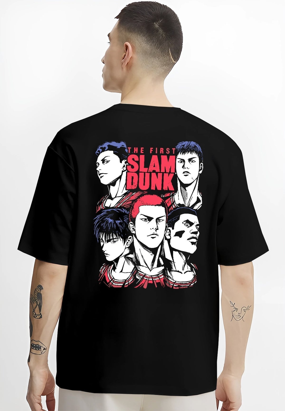 Black T-shirt on male model, back view, featuring Slam Dunk basketball team retro manga graphic with bold red text and nostalgic 90s vibe.