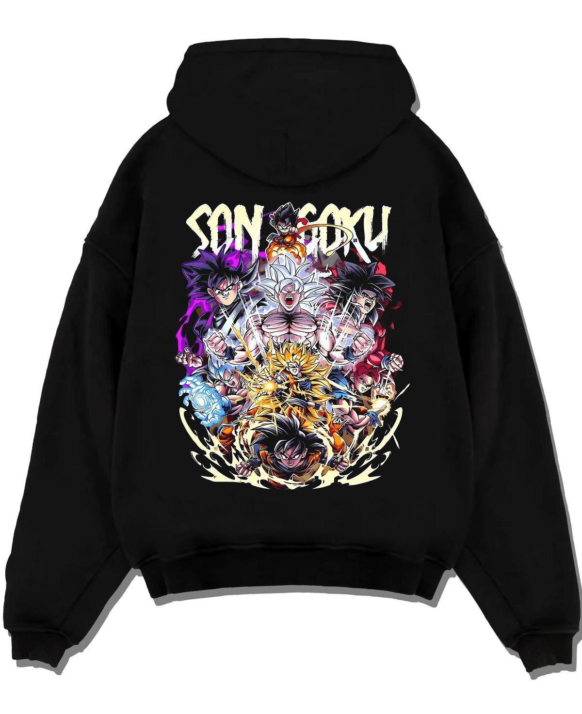 Black crewneck sweatshirt on a hanger against a grey wall, featuring Son Goku Dragon Ball retro streetwear graphic with iconic power-up sequence and manga inspired detail.