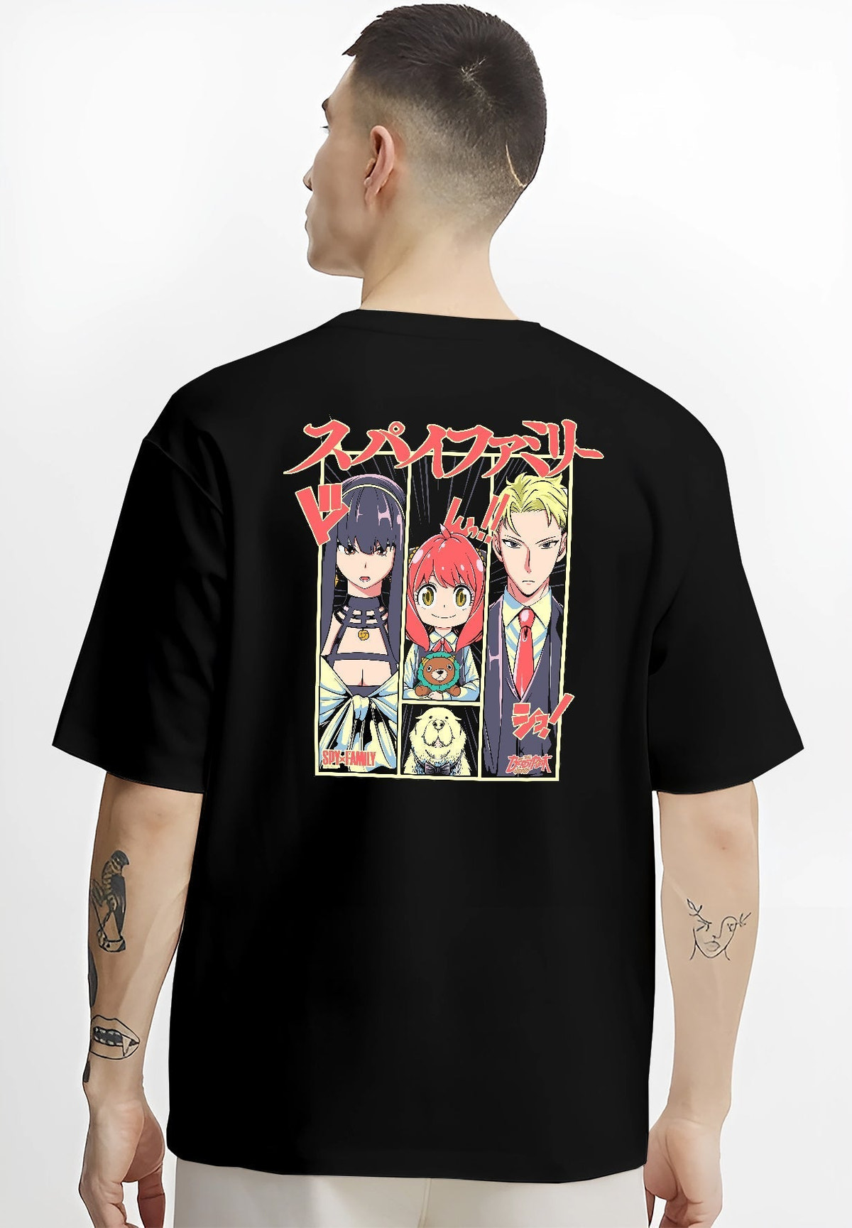 Black T-shirt on male model, back view, Spy x Family panel design with Yor, Anya, Loid and bold Japanese header.