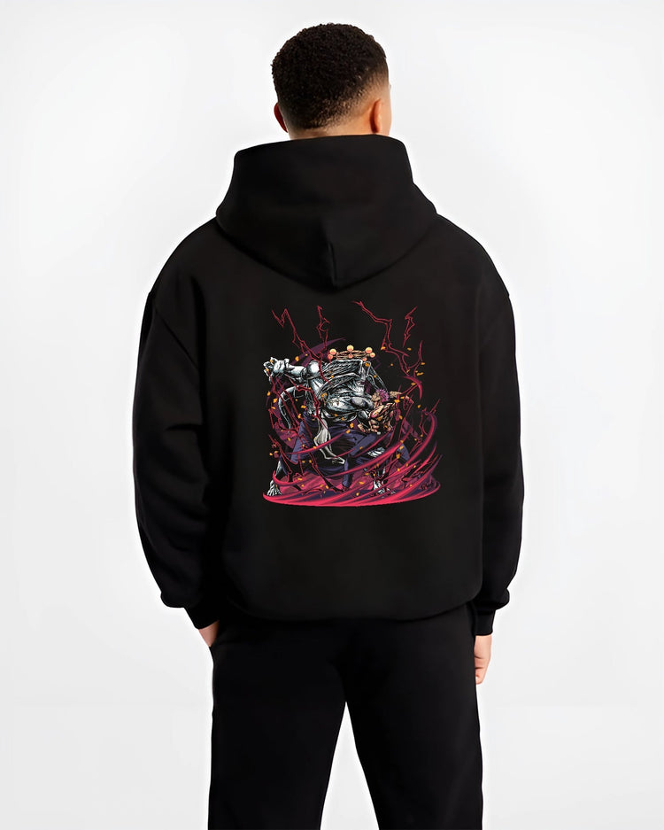 Black hoodie on male model, back view, Jujutsu Kaisen Sukuna versus Mahoraga anime poster design with red lightning arcs and debris.