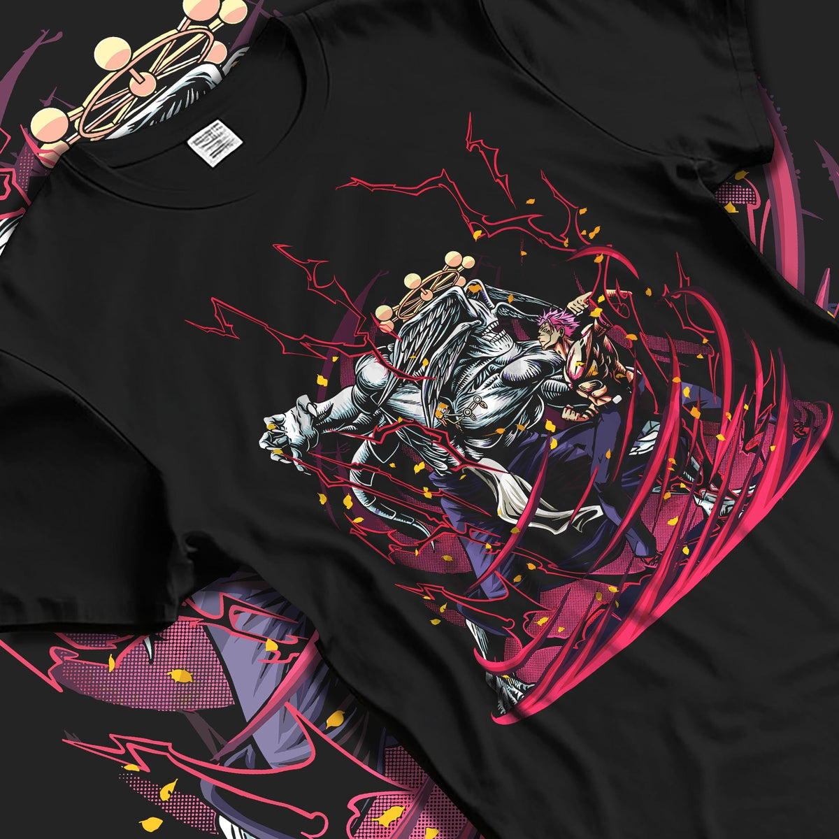 Black T-shirt laid flat with soft folds, featuring Sukuna vs Mahoraga retro manga battle framed by red lightning swirls.