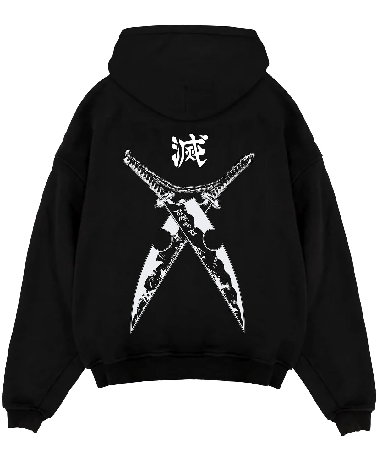 Black pullover hoodie laid flat on white, featuring Tengen Uzui Demon Slayer crossed dual blades graphic with bold kanji emblem.