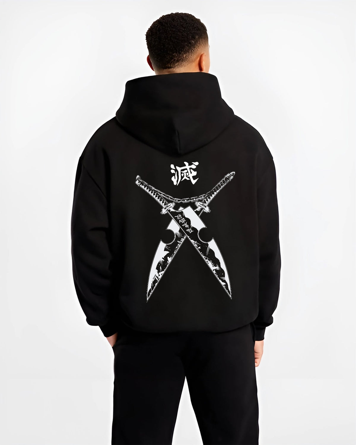 Black hoodie on male model, back view, Tengen Uzui Demon Slayer crossed cleaver swords design with kanji header in retro manga style.