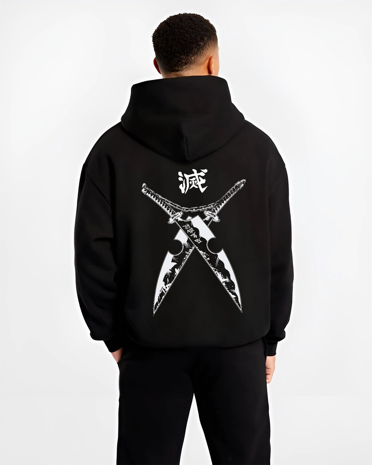 Black hoodie on male model, back view, Tengen Uzui Demon Slayer crossed cleaver swords design with kanji header in retro manga style.