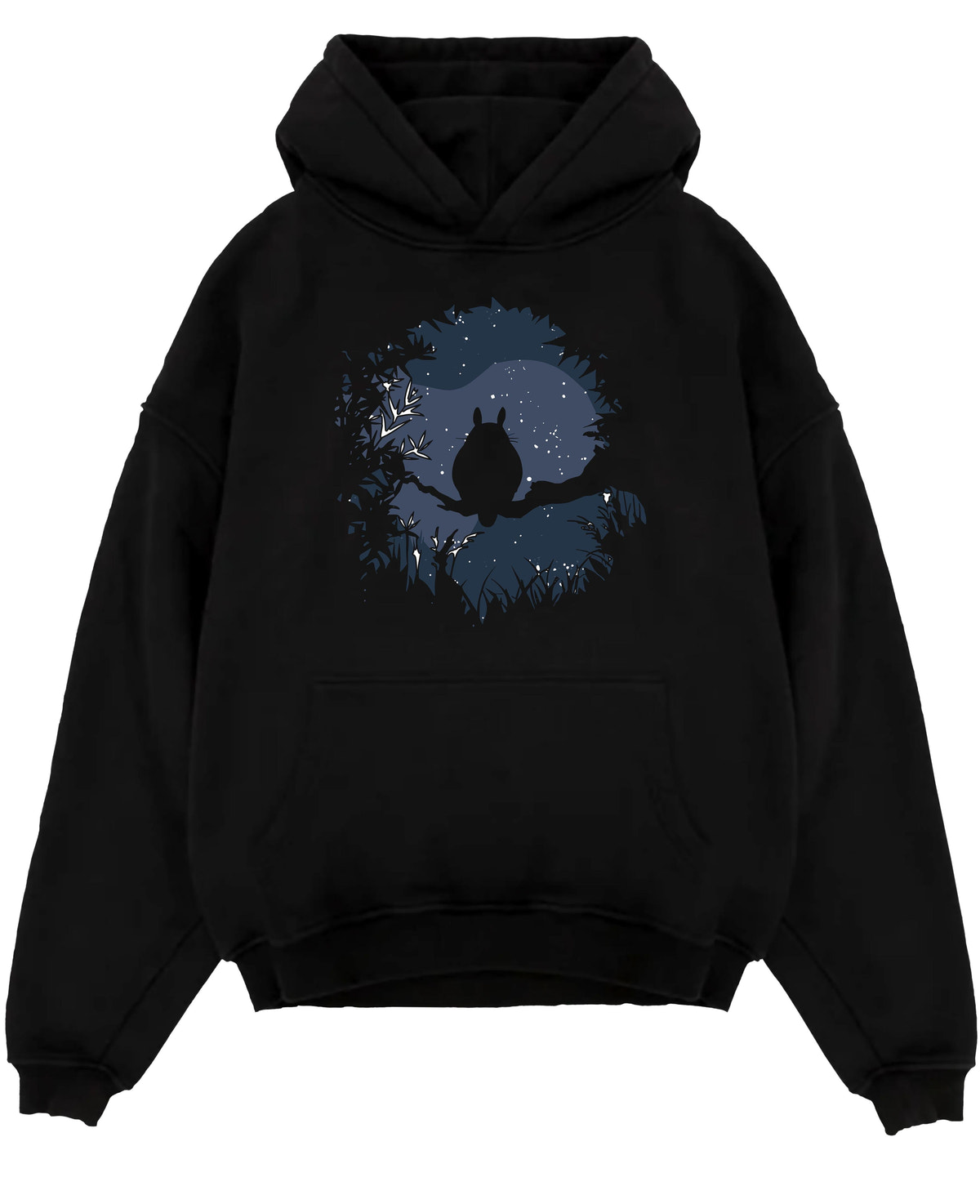 Black pullover hoodie laid flat, featuring My Neighbor Totoro moonlit forest silhouette with stars, minimalist streetwear back graphic.