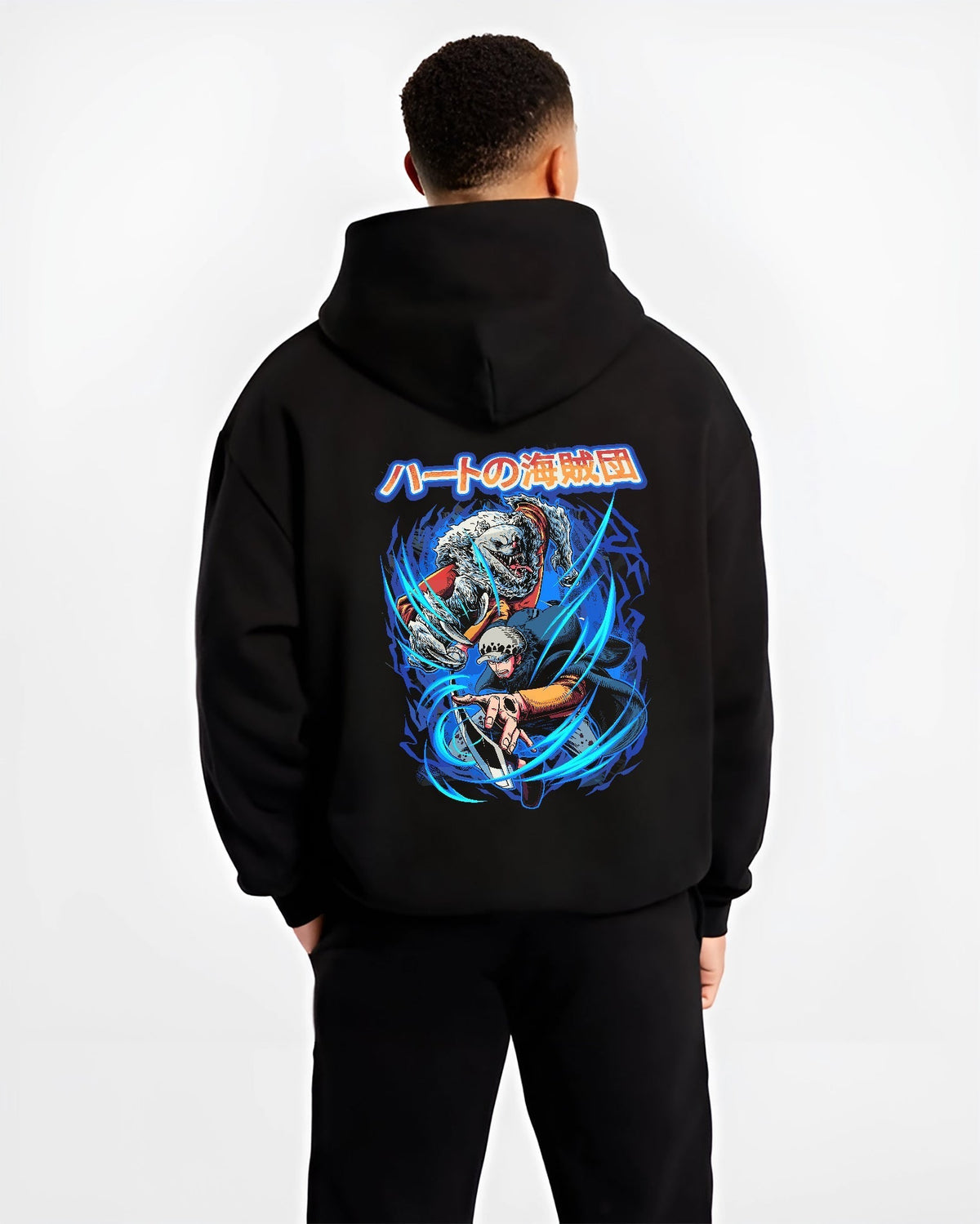 Black hoodie on male model, back view, showing Trafalgar Law and Bepo One Piece manga poster design with bright blue energy arcs.
