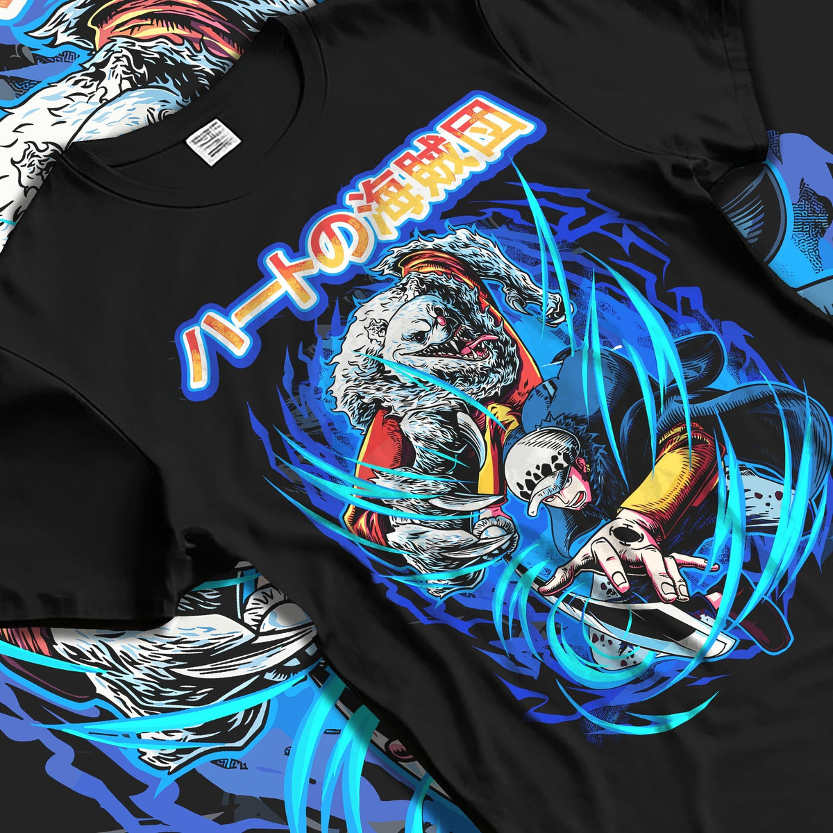 Black T-shirt laid flat with soft folds, featuring Trafalgar Law and Bepo retro manga artwork framed by bold blue energy swirls.