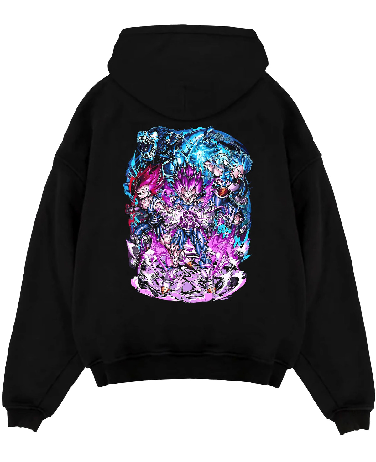 Black pullover hoodie laid flat on a white background, featuring Vegeta Dragon Ball anime poster inspired design with glowing purple aura and shonen battle power.
