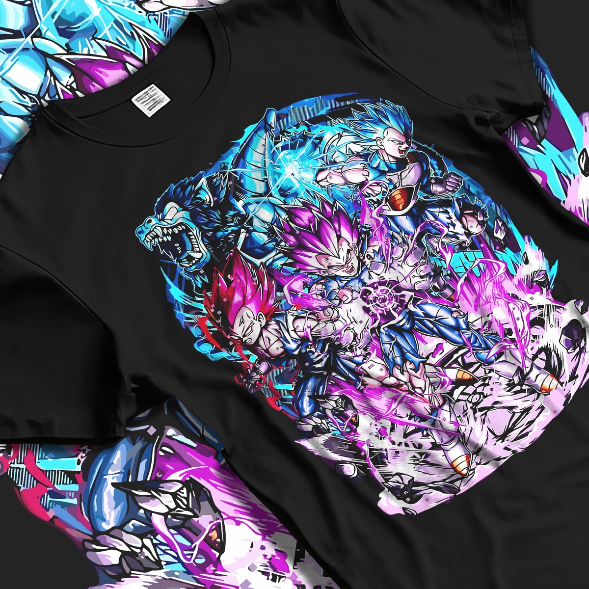 Black T-shirt laid flat with natural fabric folds, featuring Vegeta Dragon Ball anime poster inspired design showing vibrant purple energy waves in retro manga style.