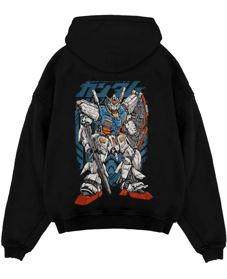 Black pullover hoodie laid flat on a white background, featuring Zeta Gundam retro mecha anime poster inspired design with detailed manga panel styled artwork
