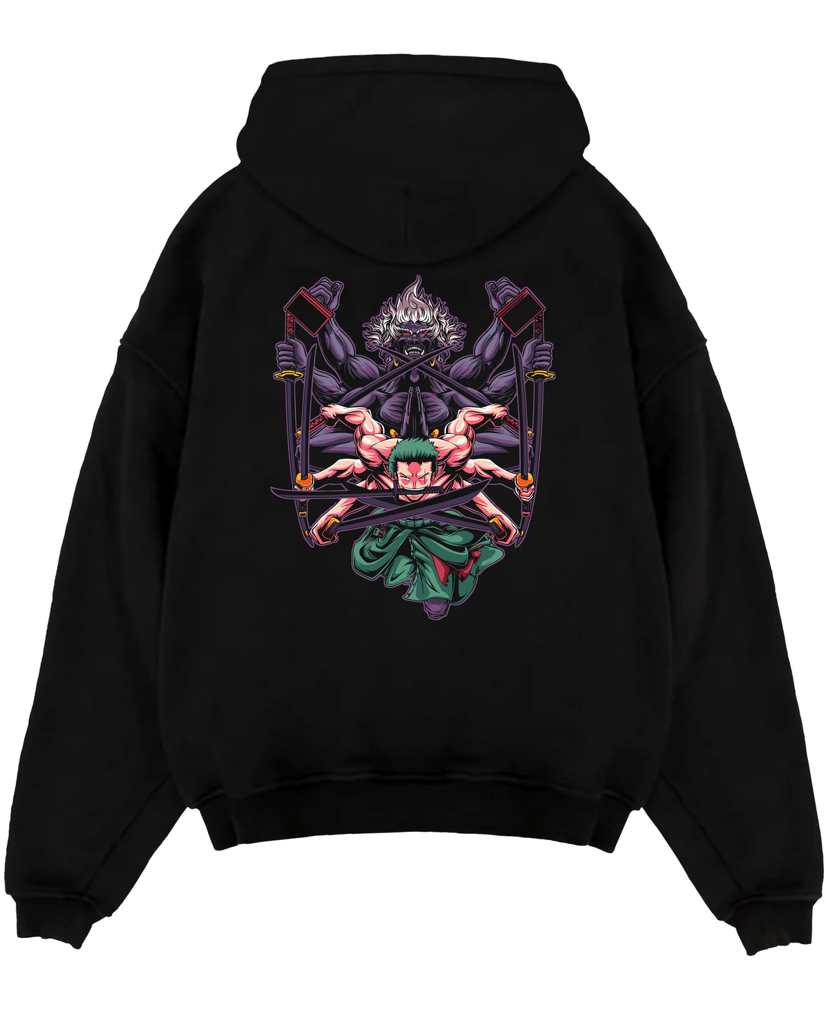 Black pullover hoodie laid flat on a white background, featuring Zoro One Piece anime poster inspired artwork with three-sword style in retro manga battle design.