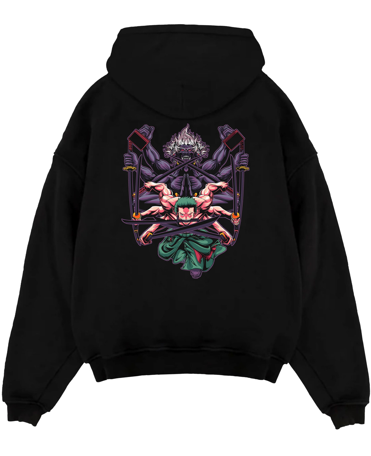 Black pullover hoodie laid flat on a white background, featuring Zoro One Piece anime poster inspired artwork with three-sword style in retro manga battle design.